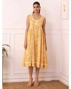 Yellow Hand Block Printed Cotton Mulmul Dress