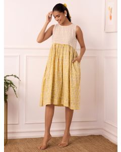 Yellow White Hand Block Printed Cotton Dobby Dress