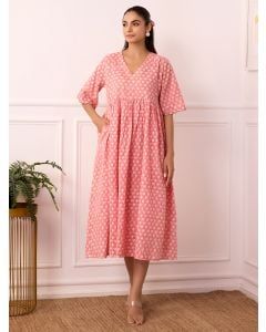 Pink Hand Block Printed Cotton Dobby Dress
