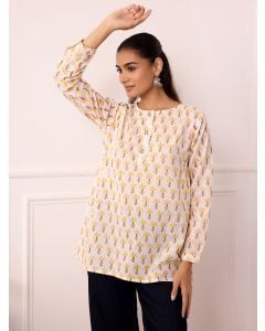 White Yellow Hand Block Printed Cotton Top