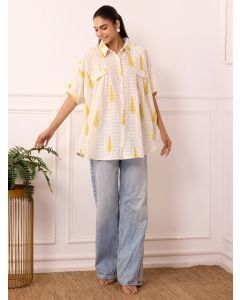 White Yellow Hand Block Printed Cotton Dobby Shirt