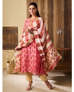 Pink Hand Block Printed Chanderi Suit- Set of 3