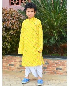 Yellow Leheriya Printed Cotton Kurta With Dhoti Pants- Set of 2