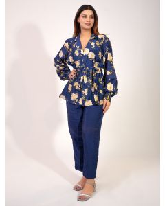 Blue Printed Cotton Silk Co-ord Set - Set of 2