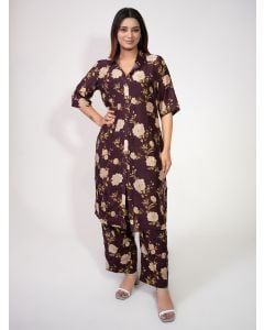 Wine Printed Cotton Silk Tunic with Pants - Set of 2