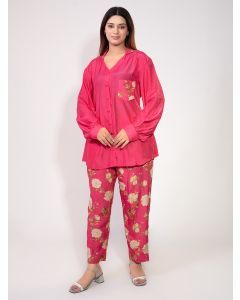 Pink Printed Cotton Silk Co-ord Set - Set of 2