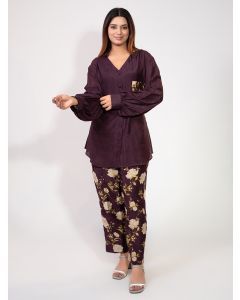 Wine Printed Cotton Silk Co-ord Set - Set of 2