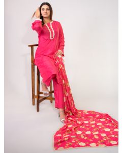 Pink Lace Work Cotton Silk Suit - Set of 3