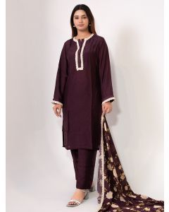 Wine Lace Work Cotton Silk Suit - Set of 3