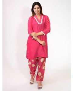 Pink Lace Work Cotton Silk Kurta and Pants - Set of 2