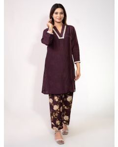 Wine Lace Work Cotton Silk Kurta and Pants - Set of 2