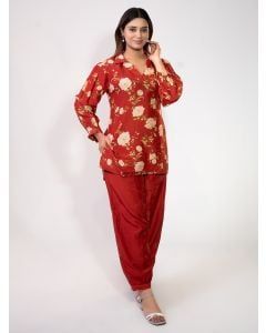 Maroon Printed Cotton Silk Co-ord Set - Set of 2
