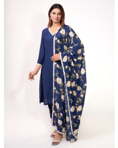Blue Lace Work Cotton Silk Suit - Set of 3