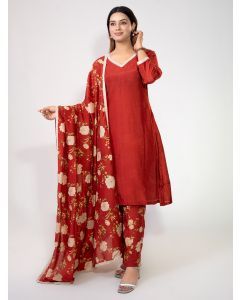 Maroon Lace Work Cotton Silk Suit - Set of 3