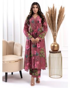 Mauve Printed Cotton Silk Kurta with Pants - Set of 2