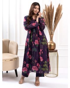 Purple Printed Cotton Silk Kurta with Pants - Set of 2
