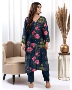 Blue Printed Cotton Silk Kurta with Pants - Set of 2
