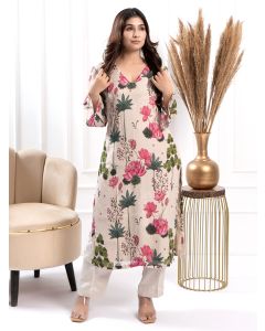 Ivory Printed Cotton Silk Kurta with Pants - Set of 2