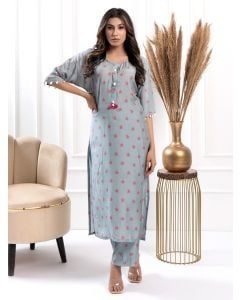 Blue Printed Cotton Silk Kurta with Pants - Set of 2