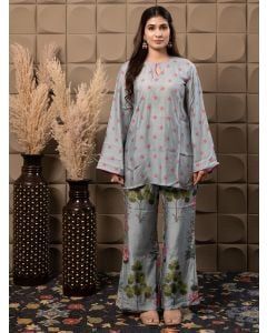 Blue Printed Cotton Silk Co-ord Set - Set of 2