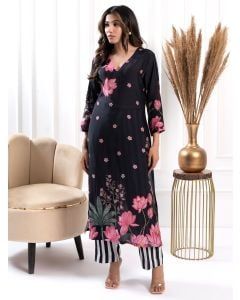 Black Printed Cotton Silk Kurta with Pants - Set of 2