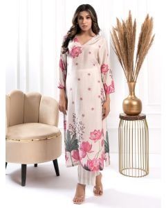 Ivory Printed Cotton Silk Kurta with Pants - Set of 2