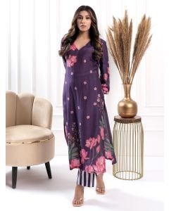 Purple Printed Cotton Silk Kurta with Pants - Set of 2