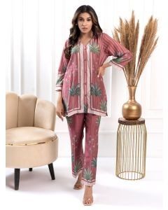 Mauve Printed Cotton Silk Co-ord Set - Set of 2