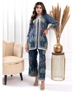 Blue Printed Cotton Silk Co-ord Set - Set of 2