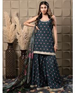 Green Printed Cotton Silk Gharara Suit - Set of 3