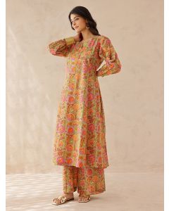 Orange Pink Printed Cotton Kurta with Pants- Set of 2