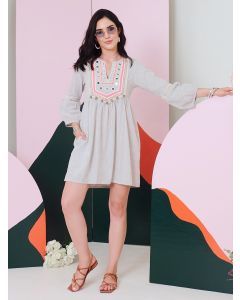 Grey Mirror Embroidered Cotton Slub Dress