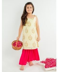 Yellow Hand Block Printed Muslin Kurta with Palazzo - Set of 2