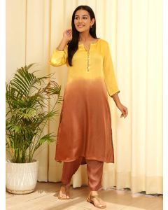 Yellow Rust Ombre Satin Kurta with Pants- Set of 2