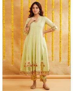 Lime Green Hand Block Printed Cotton Kurta with Pants- Set of 2