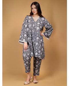 Grey Printed Cotton Kurta with Pants- Set of 2