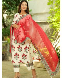 Off White Red Hand Block Printed Cotton Suit- Set of 3
