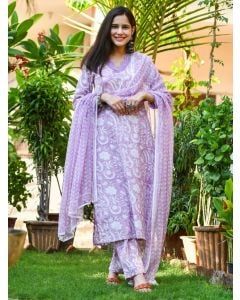 Purple Hand Block Printed Cotton Suit- Set of 3