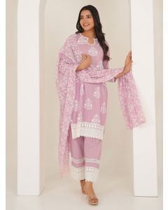 Pink Embroidered Cotton Suit - Set of 3