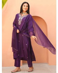 Purple Hand Embroidered Dola Silk Suit- Set of 3