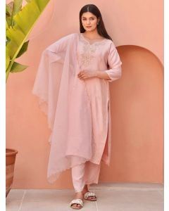 Peach Hand Embroidered Dola Silk Suit- Set of 3