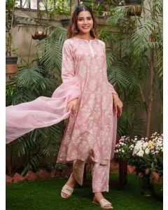 Pink Printed Cotton Suit- Set of 3
