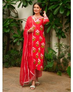 Red Printed Cotton Suit- Set of 3