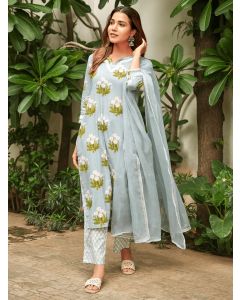 Blue Printed Cotton Suit- Set of 3