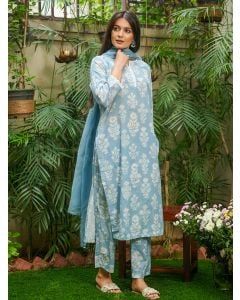 Blue Printed Cotton Suit- Set of 3