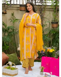 Yellow Printed Cotton Suit- Set of 3