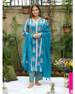 Blue Printed Cotton Suit- Set of 3