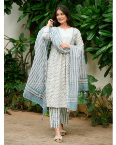 Blue Hand Block Printed Cotton Suit- Set of 3