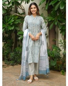 Blue Hand Block Printed Cotton Suit- Set of 3