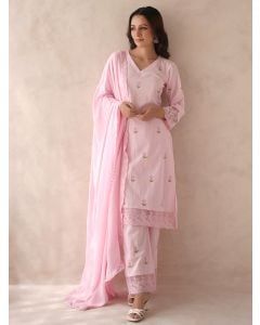 Pink Embroidered Cotton Suit- Set of 3